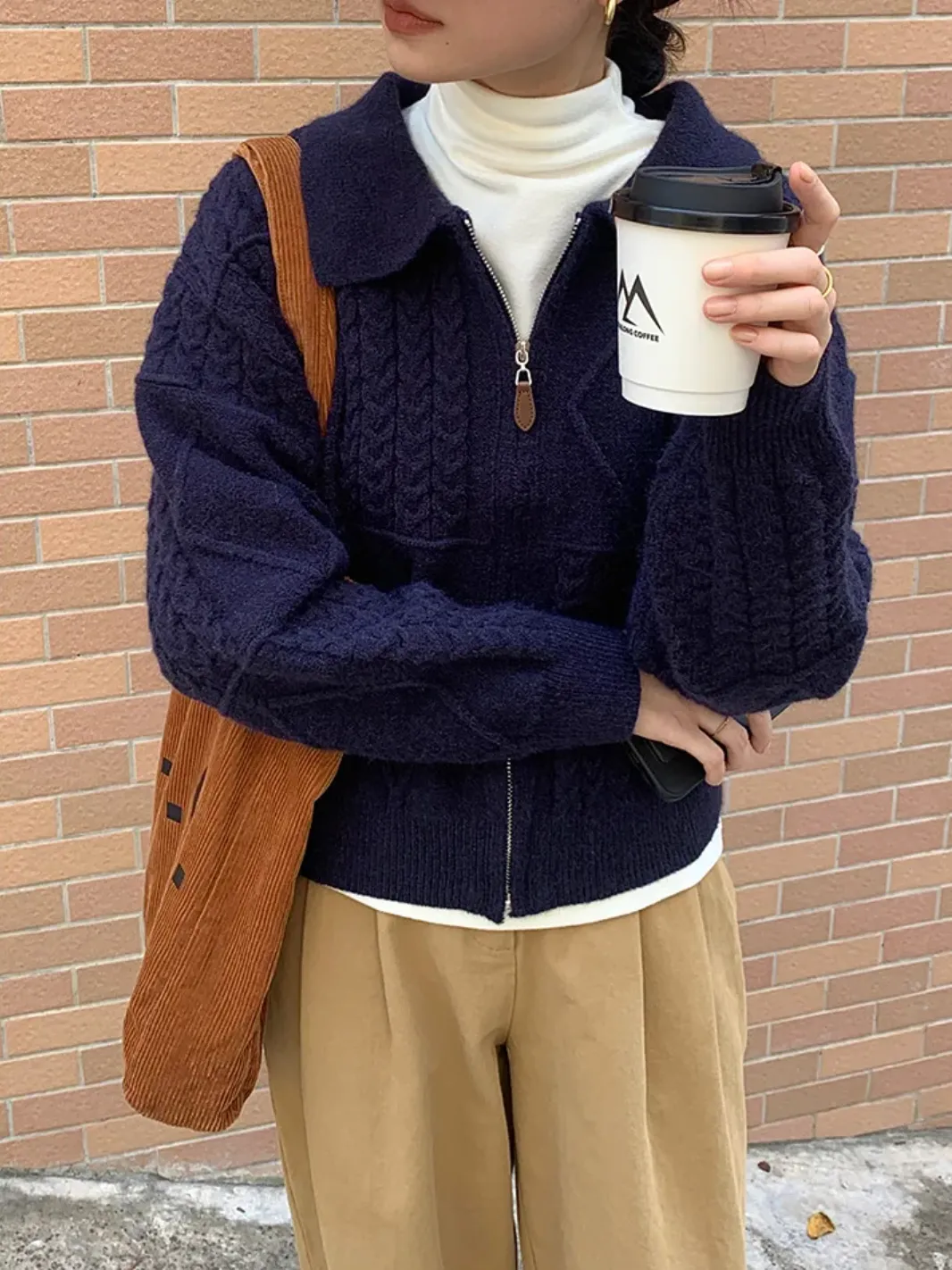 [ Korean Style] Solid Color Cozy Turn-down Zipper Collar Cable Knit Sweater