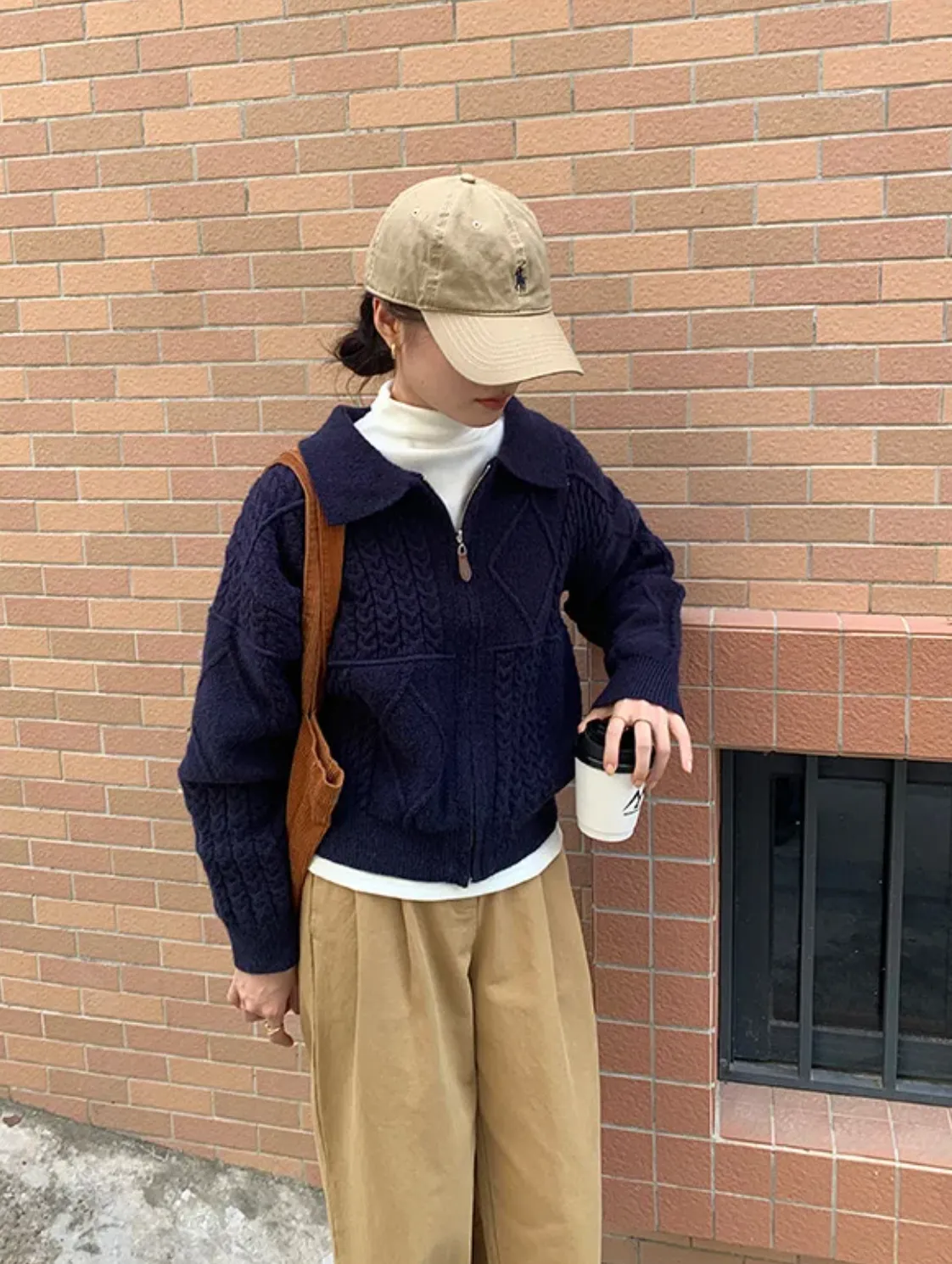 [ Korean Style] Solid Color Cozy Turn-down Zipper Collar Cable Knit Sweater