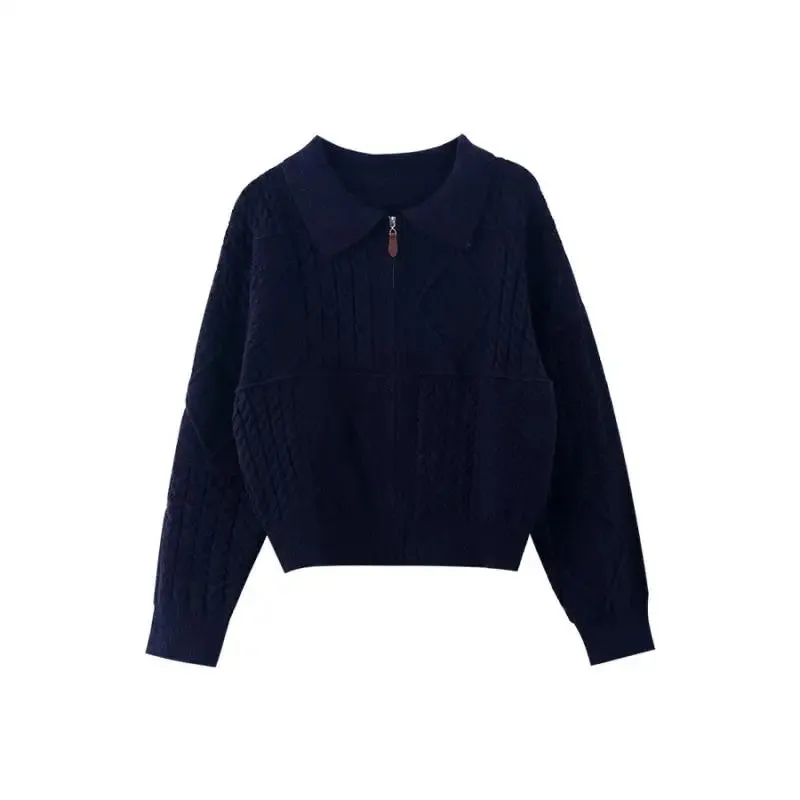 [ Korean Style] Solid Color Cozy Turn-down Zipper Collar Cable Knit Sweater