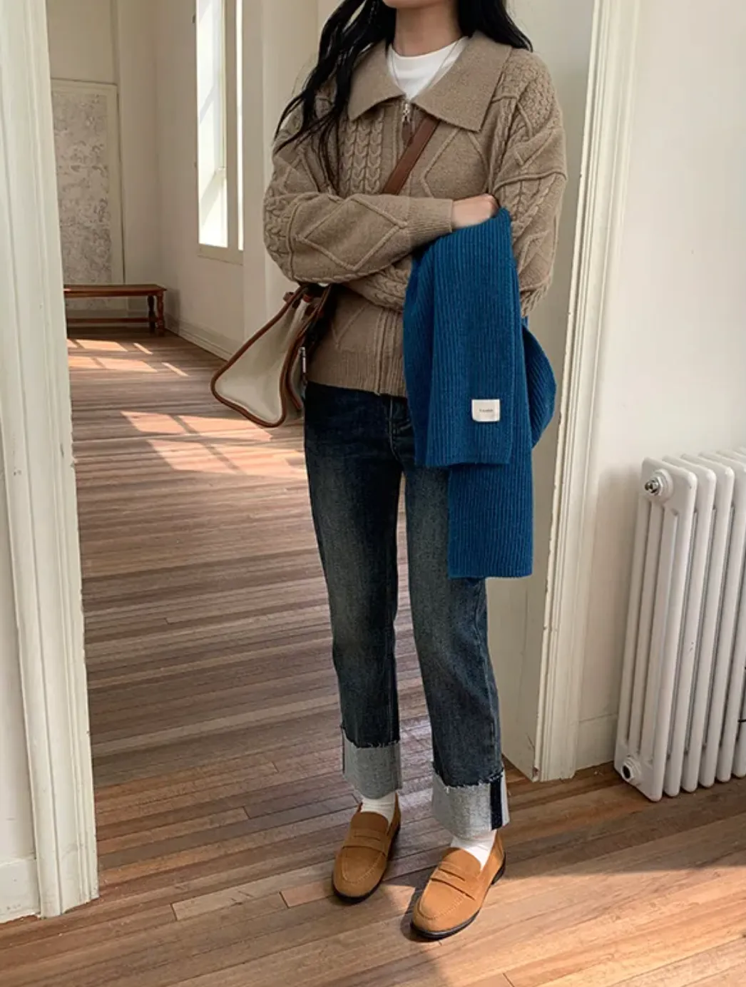 [ Korean Style] Solid Color Cozy Turn-down Zipper Collar Cable Knit Sweater