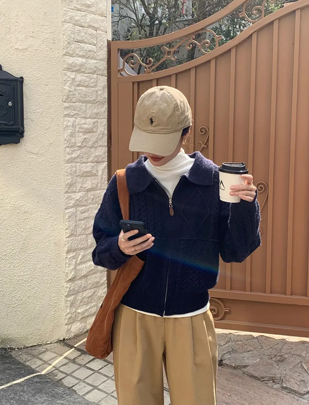 [ Korean Style] Solid Color Cozy Turn-down Zipper Collar Cable Knit Sweater