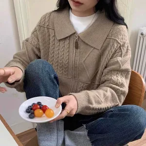 [ Korean Style] Solid Color Cozy Turn-down Zipper Collar Cable Knit Sweater