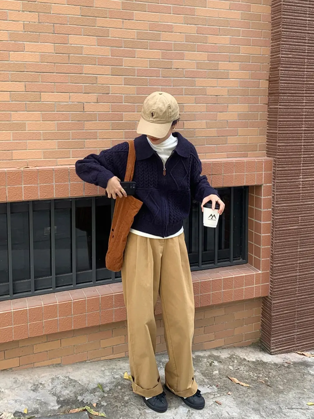 [ Korean Style] Solid Color Cozy Turn-down Zipper Collar Cable Knit Sweater