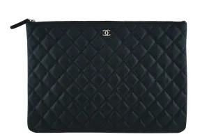 17S Chanel Black Caviar Classic Quilted O Case Clutch Purse Bag Large GHW