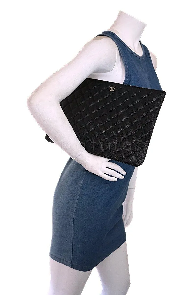 17S Chanel Black Caviar Classic Quilted O Case Clutch Purse Bag Large GHW