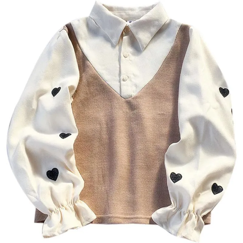 2022 Spring Japanese Kawaii Fake Two piece 2in1 Slim Fit Embroidery Love Heart SweatShirt for Girls