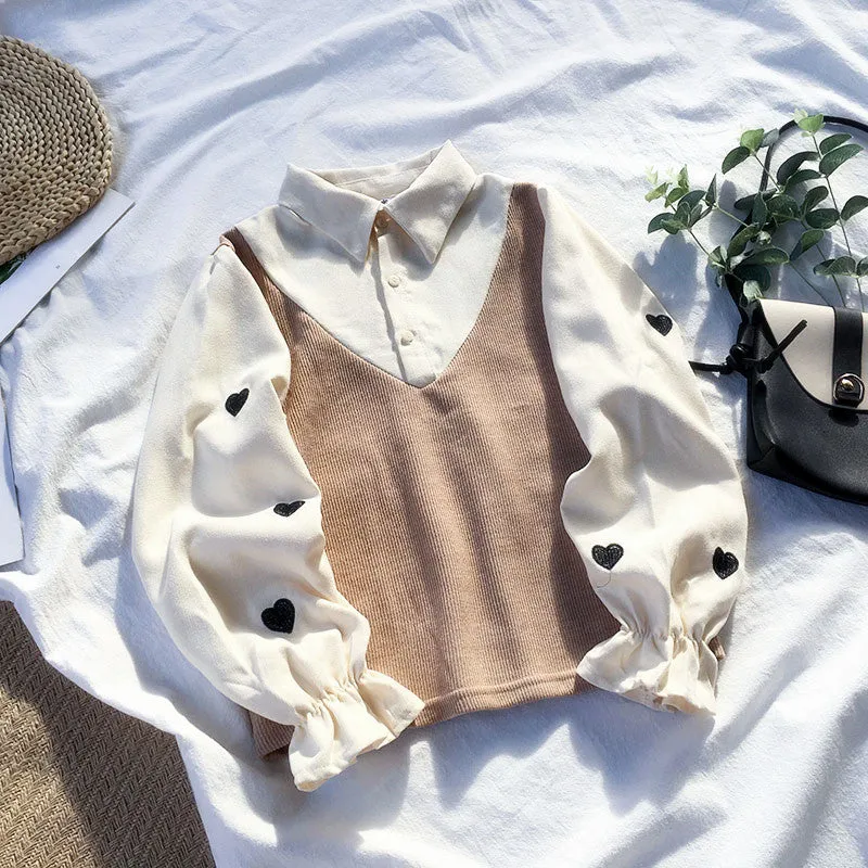 2022 Spring Japanese Kawaii Fake Two piece 2in1 Slim Fit Embroidery Love Heart SweatShirt for Girls