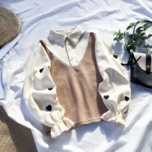 2022 Spring Japanese Kawaii Fake Two piece 2in1 Slim Fit Embroidery Love Heart SweatShirt for Girls