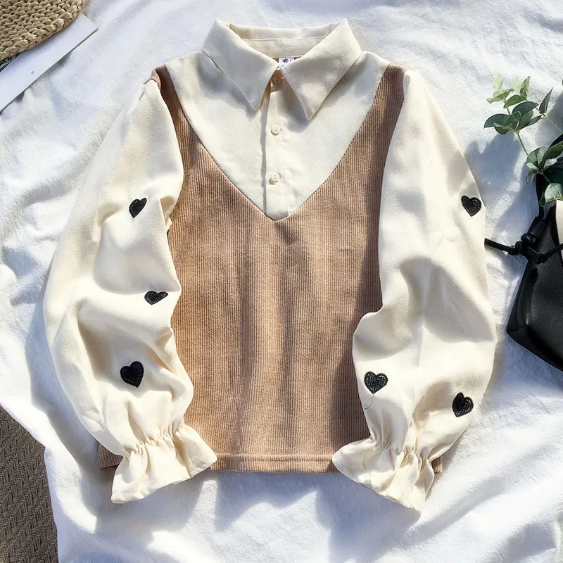 2022 Spring Japanese Kawaii Fake Two piece 2in1 Slim Fit Embroidery Love Heart SweatShirt for Girls