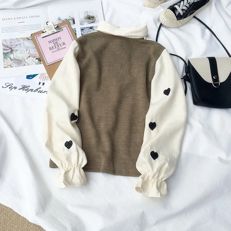 2022 Spring Japanese Kawaii Fake Two piece 2in1 Slim Fit Embroidery Love Heart SweatShirt for Girls
