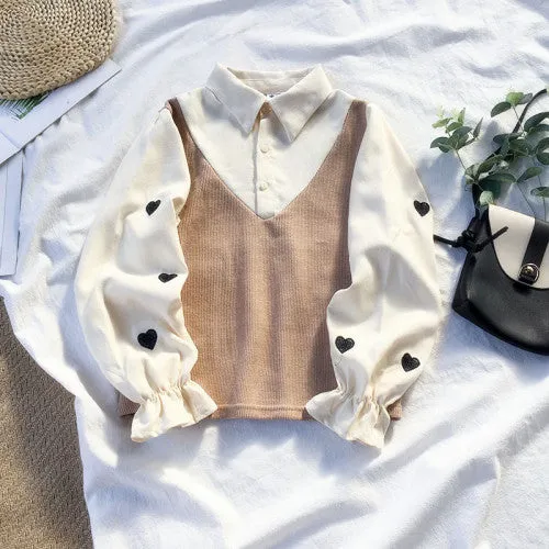 2022 Spring Japanese Kawaii Fake Two piece 2in1 Slim Fit Embroidery Love Heart SweatShirt for Girls