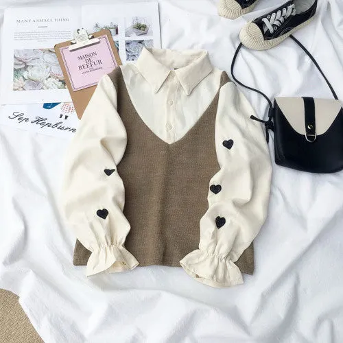 2022 Spring Japanese Kawaii Fake Two piece 2in1 Slim Fit Embroidery Love Heart SweatShirt for Girls