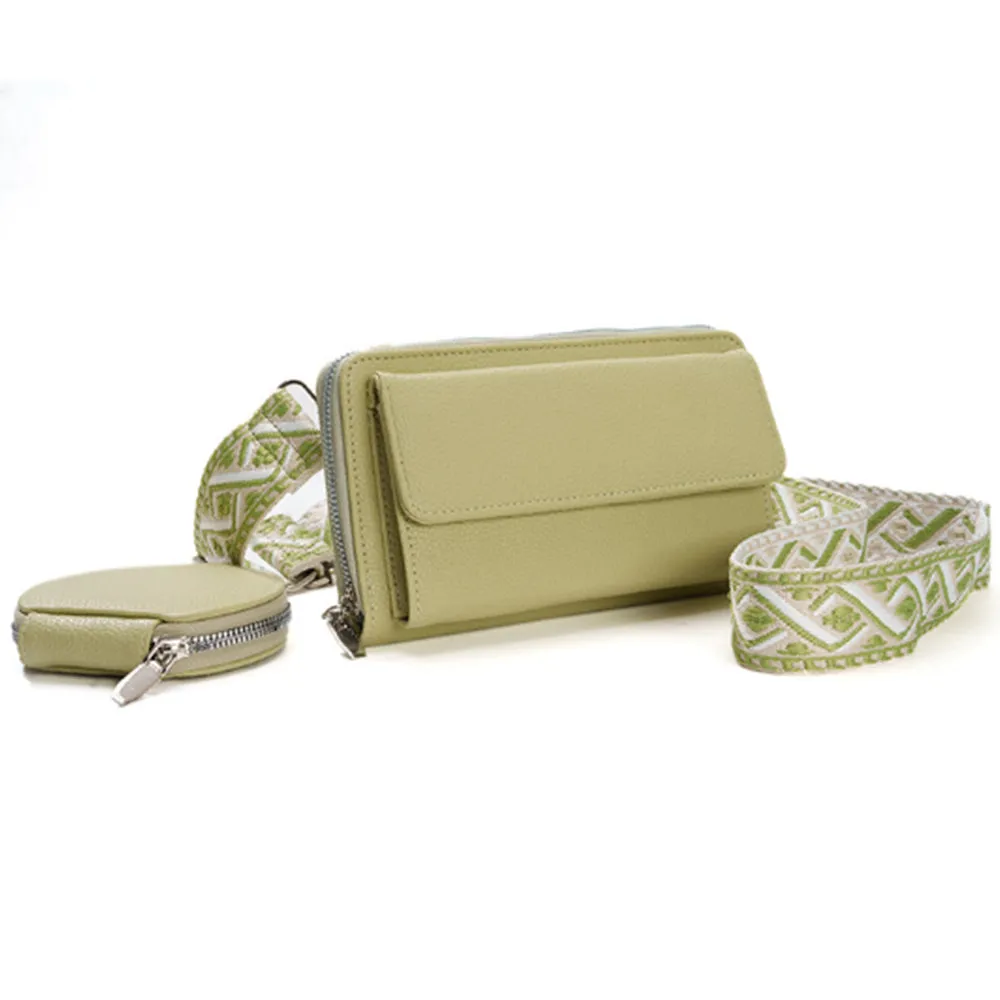 2Pcs Set PU Leather Trendy Bags Woman Travel  Cross Body Bag with Coin Pouch Green