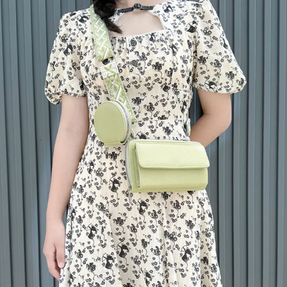 2Pcs Set PU Leather Trendy Bags Woman Travel  Cross Body Bag with Coin Pouch Green