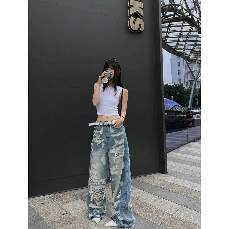 Aiertu Women's Vintage Blue Ripped Jeans Baggy Denim Trousers 2000s High Waist Korean Y2k Streetwear Female Punk Wide Leg Pants Clothes