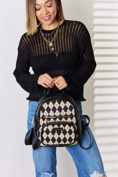 Argyle Print Vegan Leather Backpack in Black
