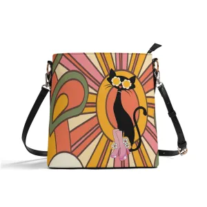 Atomic Cat Retro Groovy Handbag, 70s Hippie Sunburst Purse, Mid Century Modern Black Cat Crossbody Bag
