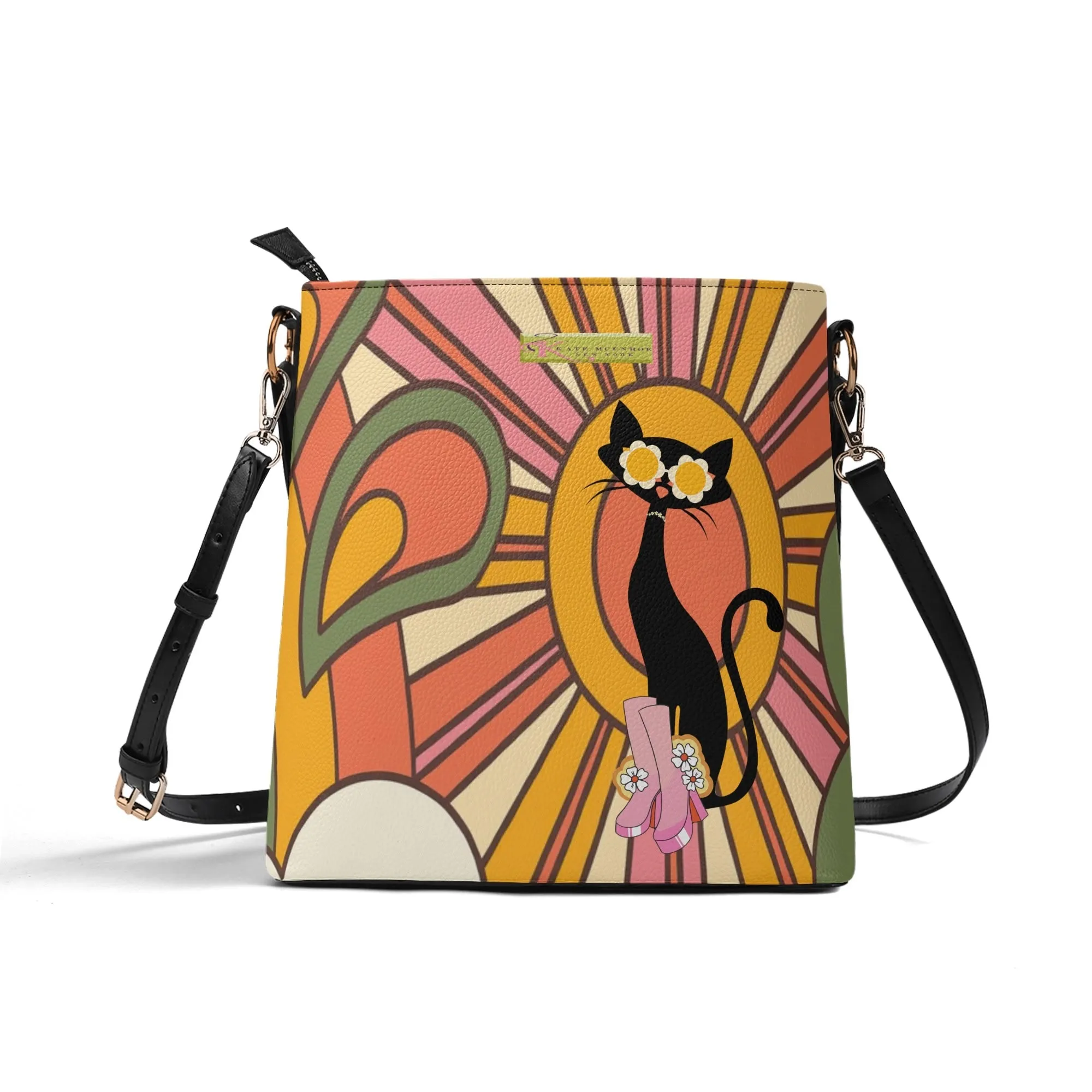 Atomic Cat Retro Groovy Handbag, 70s Hippie Sunburst Purse, Mid Century Modern Black Cat Crossbody Bag
