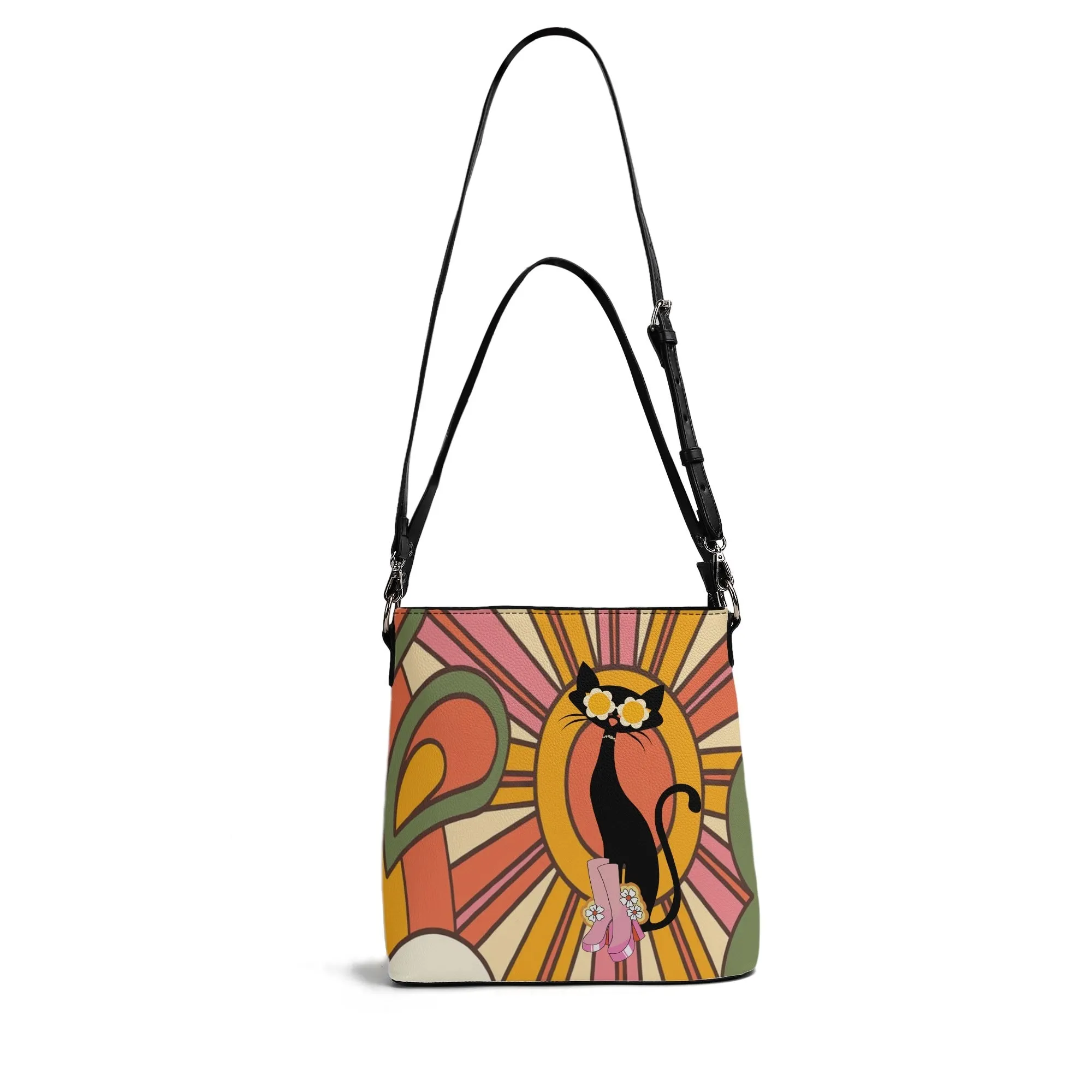 Atomic Cat Retro Groovy Handbag, 70s Hippie Sunburst Purse, Mid Century Modern Black Cat Crossbody Bag