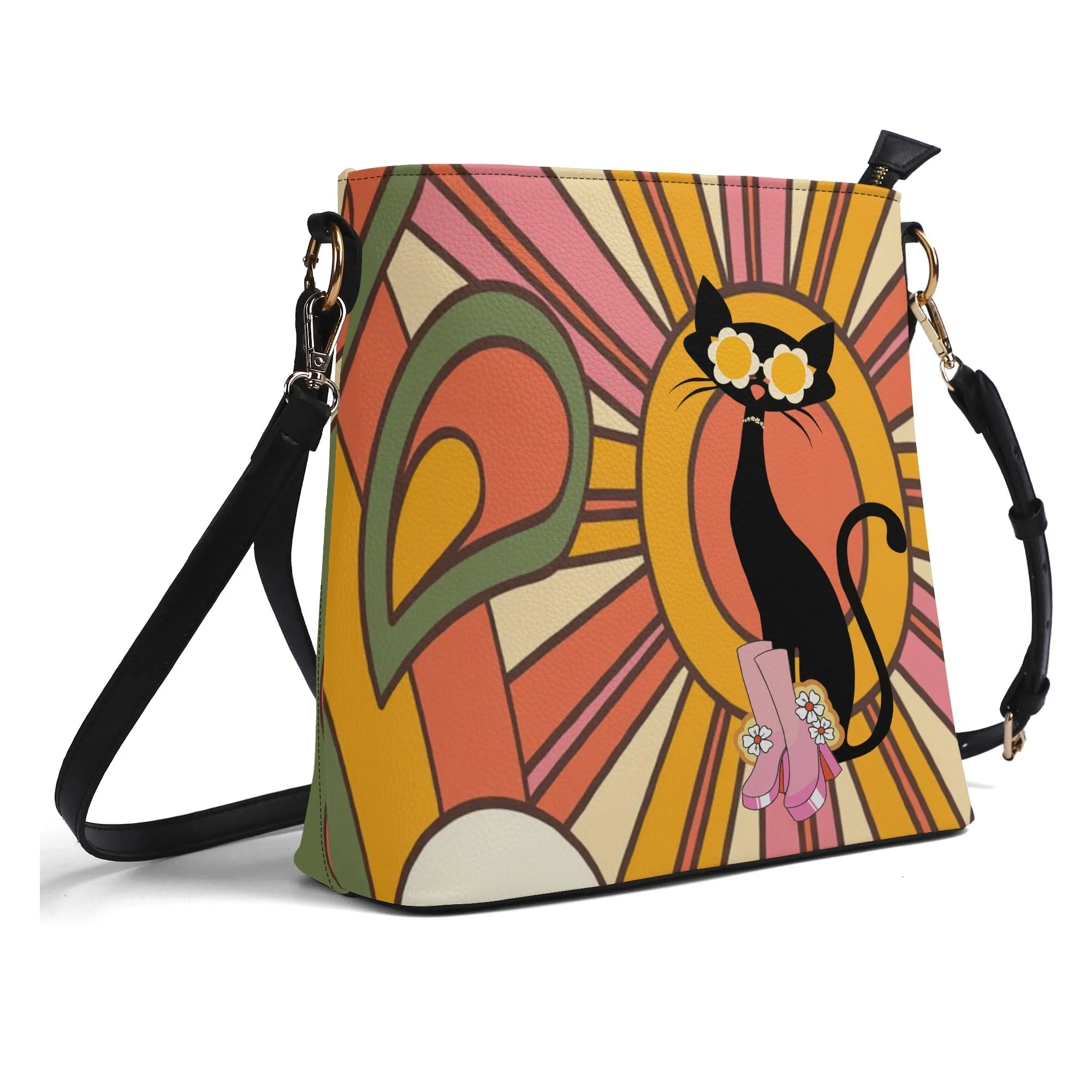 Atomic Cat Retro Groovy Handbag, 70s Hippie Sunburst Purse, Mid Century Modern Black Cat Crossbody Bag