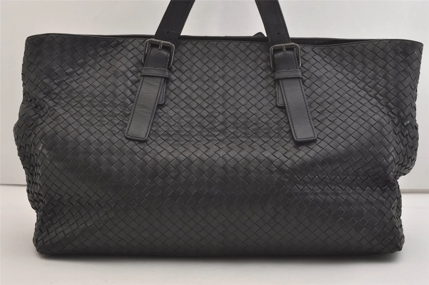 Authentic BOTTEGA VENETA Vintage Intrecciato Leather Boston Hand Bag Black 4408J