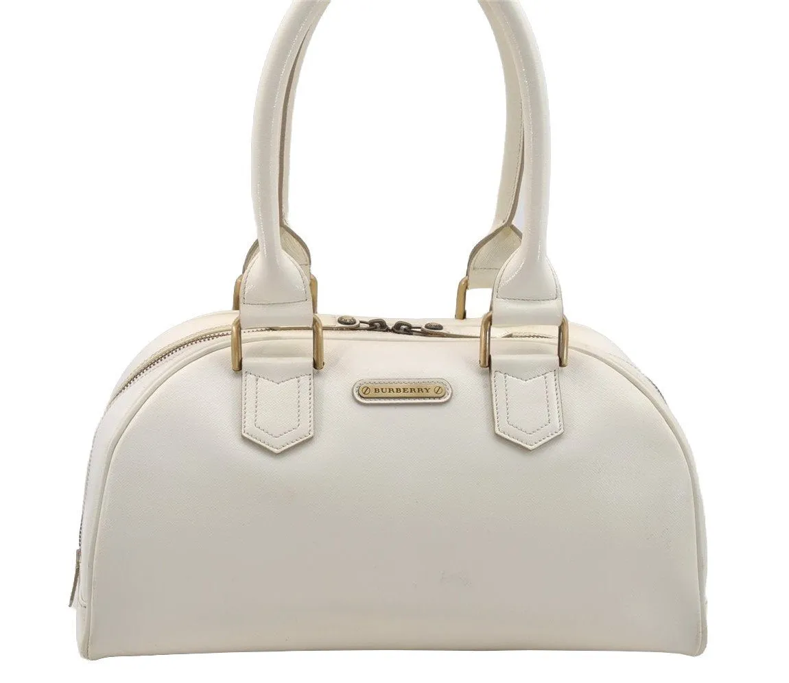 Authentic BURBERRY Vintage Leather Shoulder Hand Boston Bag White 4217I