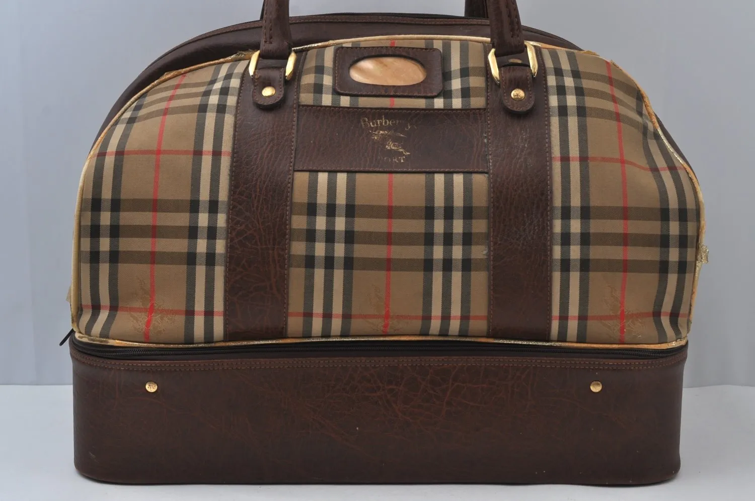 Authentic Burberrys Nova Check Canvas Leather Boston Hand Bag Beige 6609J