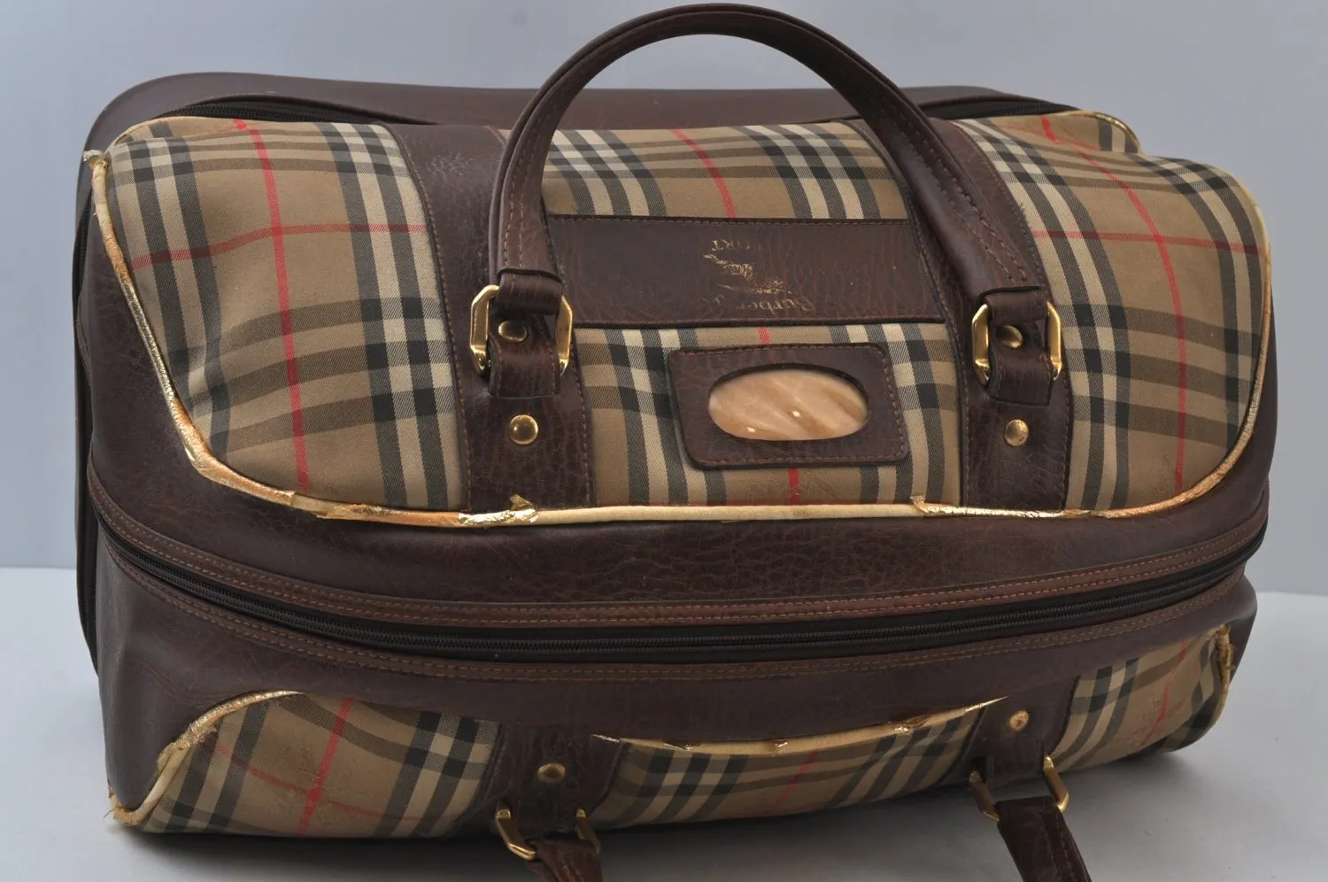 Authentic Burberrys Nova Check Canvas Leather Boston Hand Bag Beige 6609J