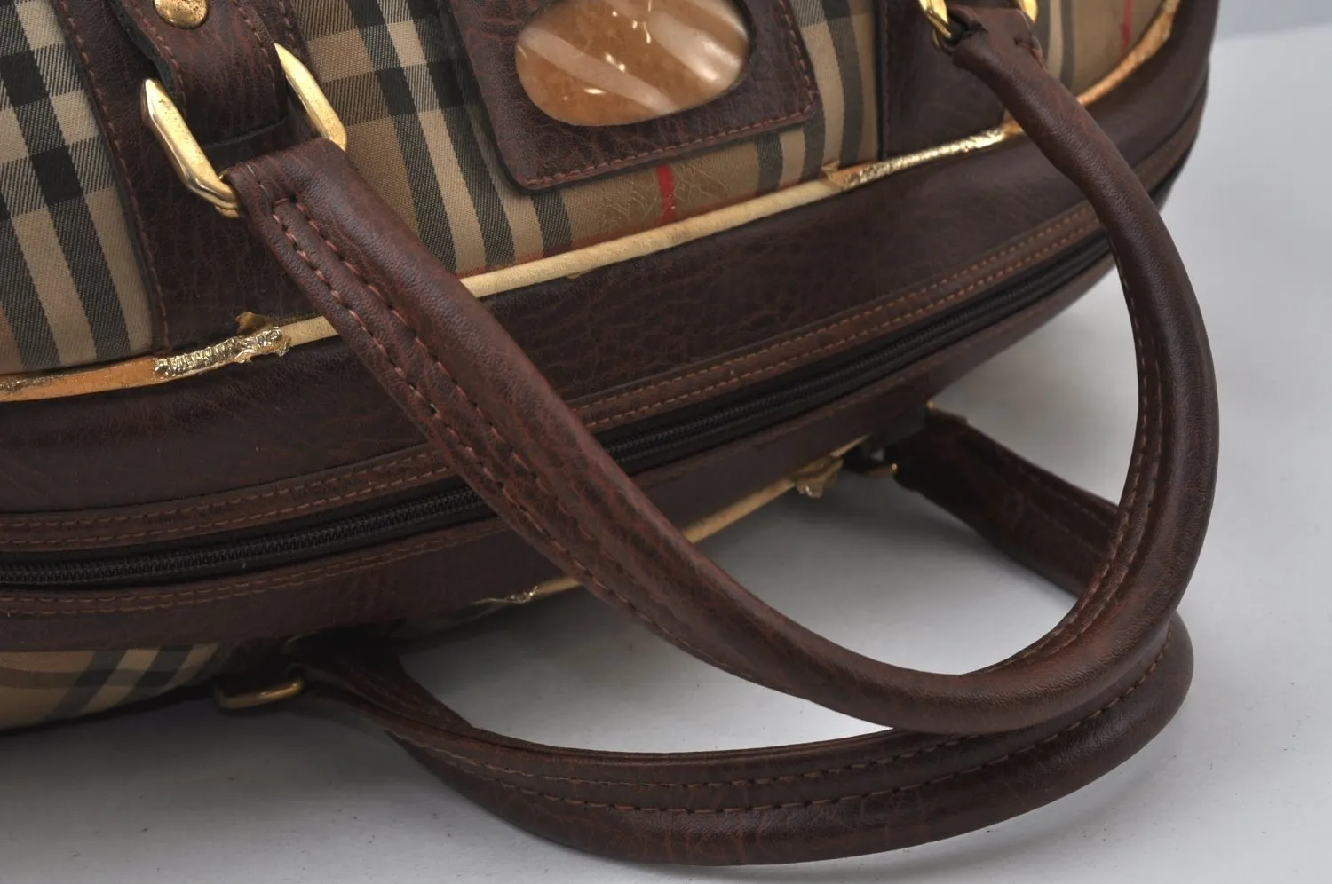 Authentic Burberrys Nova Check Canvas Leather Boston Hand Bag Beige 6609J