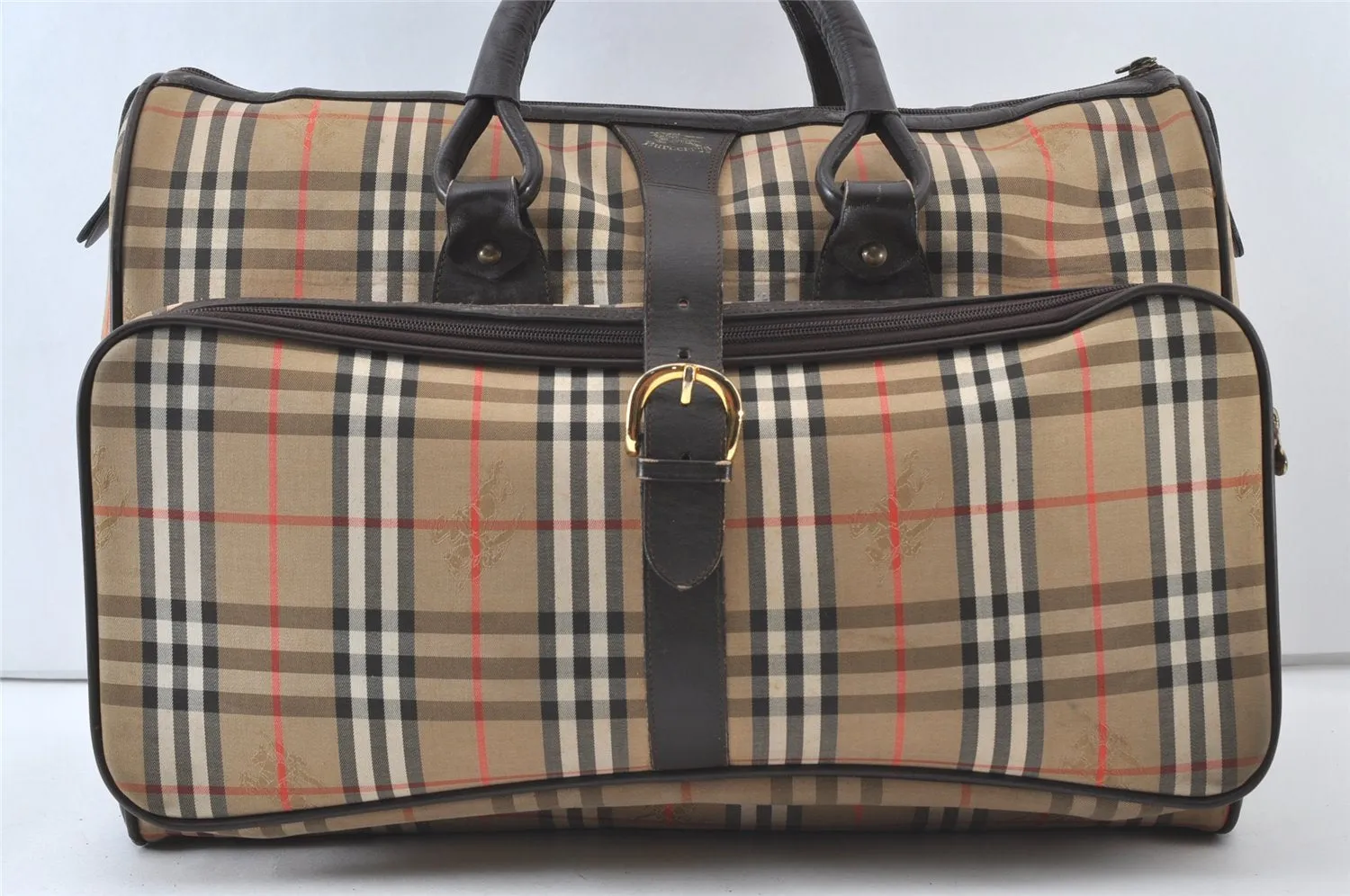 Authentic Burberrys Nova Check Canvas Leather Travel Boston Bag Beige 0288J