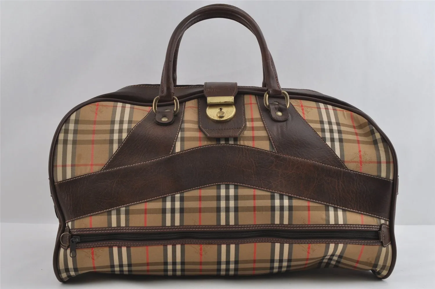 Authentic Burberrys Nova Check Canvas Leather Travel Boston Bag Beige 1857I