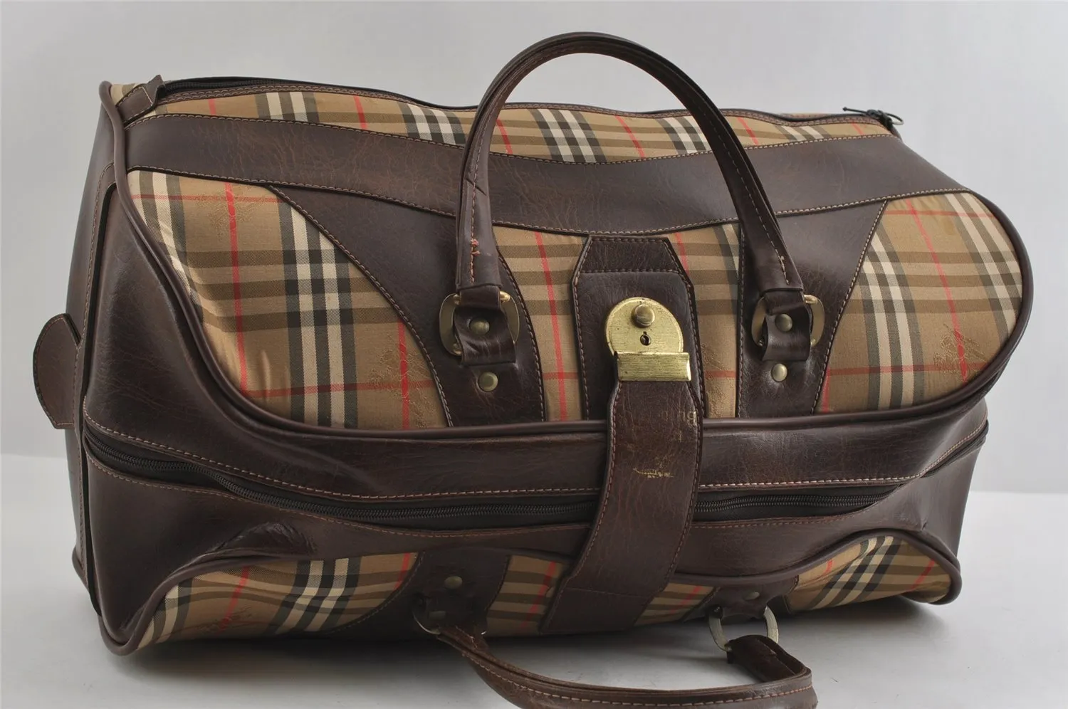 Authentic Burberrys Nova Check Canvas Leather Travel Boston Bag Beige 1857I