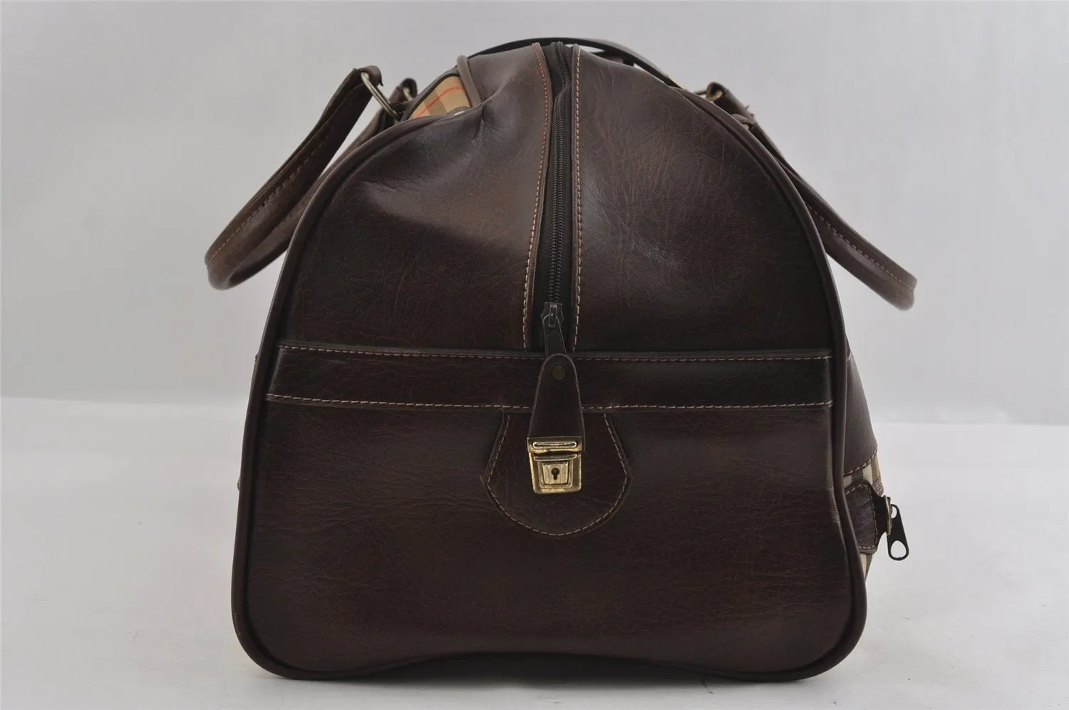 Authentic Burberrys Nova Check Canvas Leather Travel Boston Bag Beige 1857I