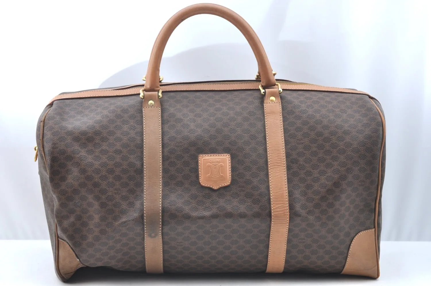 Authentic CELINE Macadam Blason Pattern Boston Bag PVC Leather Brown K4193