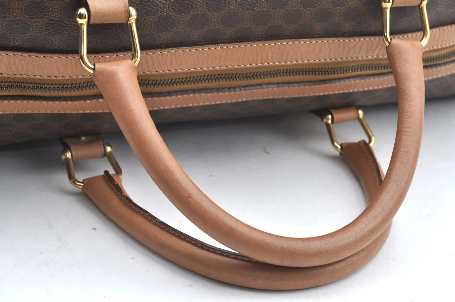 Authentic CELINE Macadam Blason Pattern Boston Bag PVC Leather Brown K4193