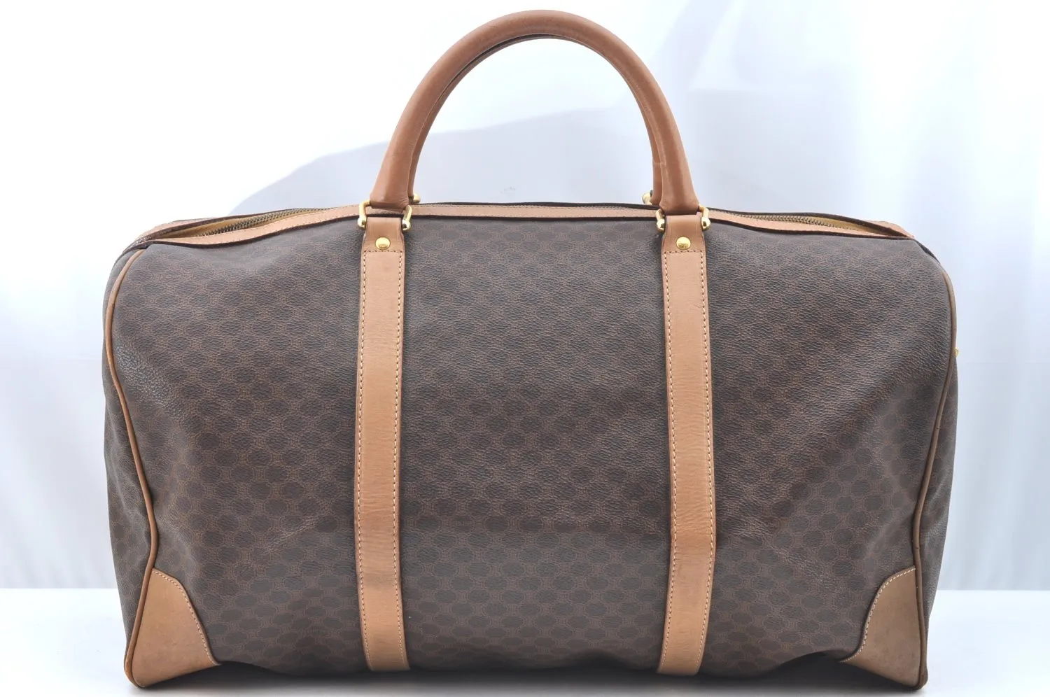 Authentic CELINE Macadam Blason Pattern Boston Bag PVC Leather Brown K4193