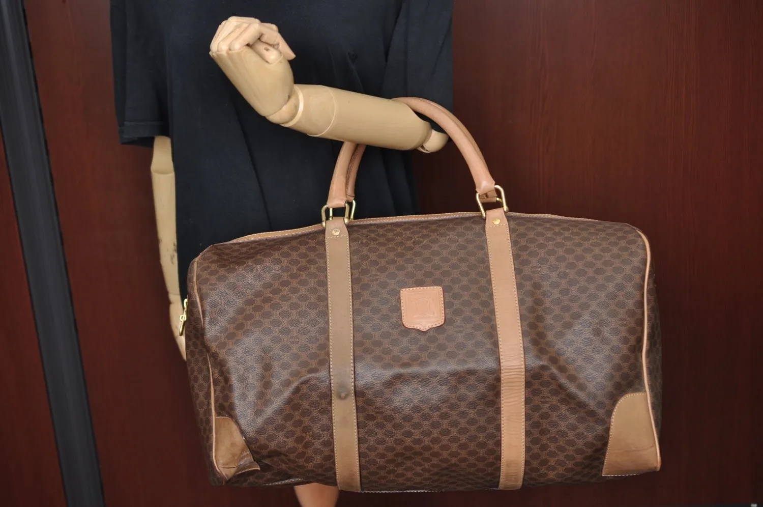 Authentic CELINE Macadam Blason Pattern Boston Bag PVC Leather Brown K4193
