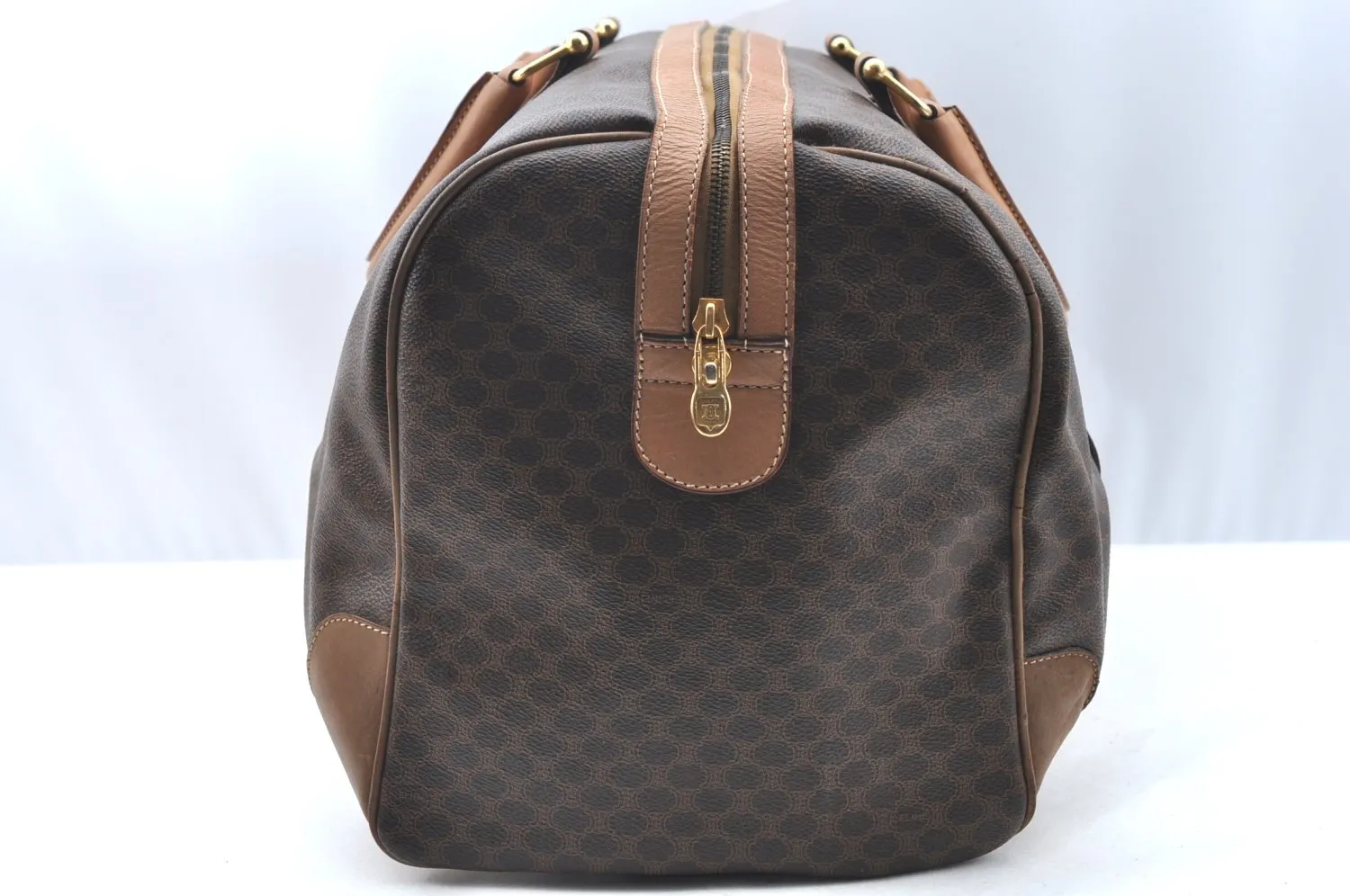 Authentic CELINE Macadam Blason Pattern Boston Bag PVC Leather Brown K4193