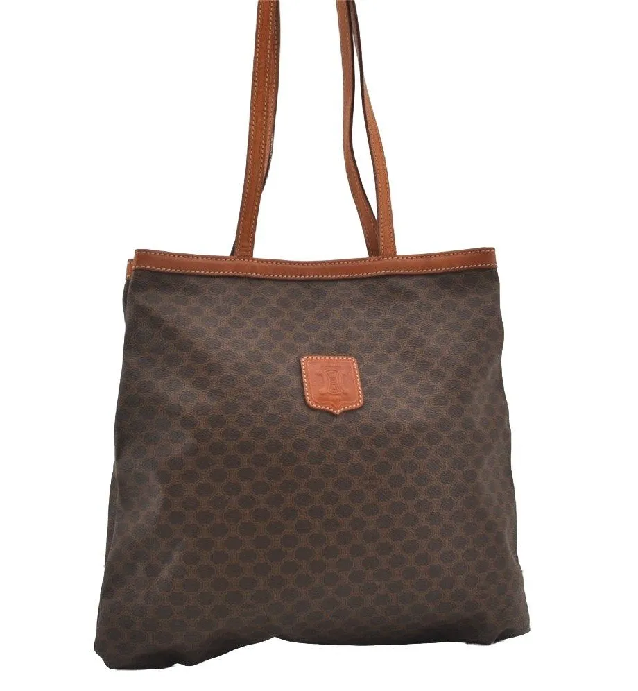 Authentic CELINE Macadam Blason Shoulder Tote Bag PVC Leather Brown 1737I