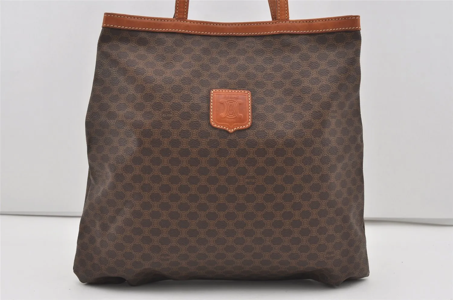 Authentic CELINE Macadam Blason Shoulder Tote Bag PVC Leather Brown 1737I