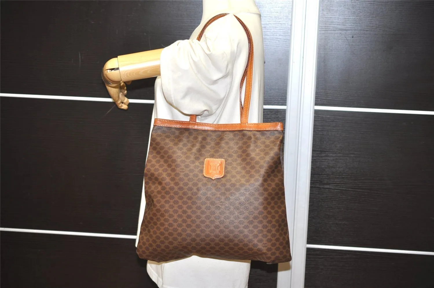 Authentic CELINE Macadam Blason Shoulder Tote Bag PVC Leather Brown 1737I