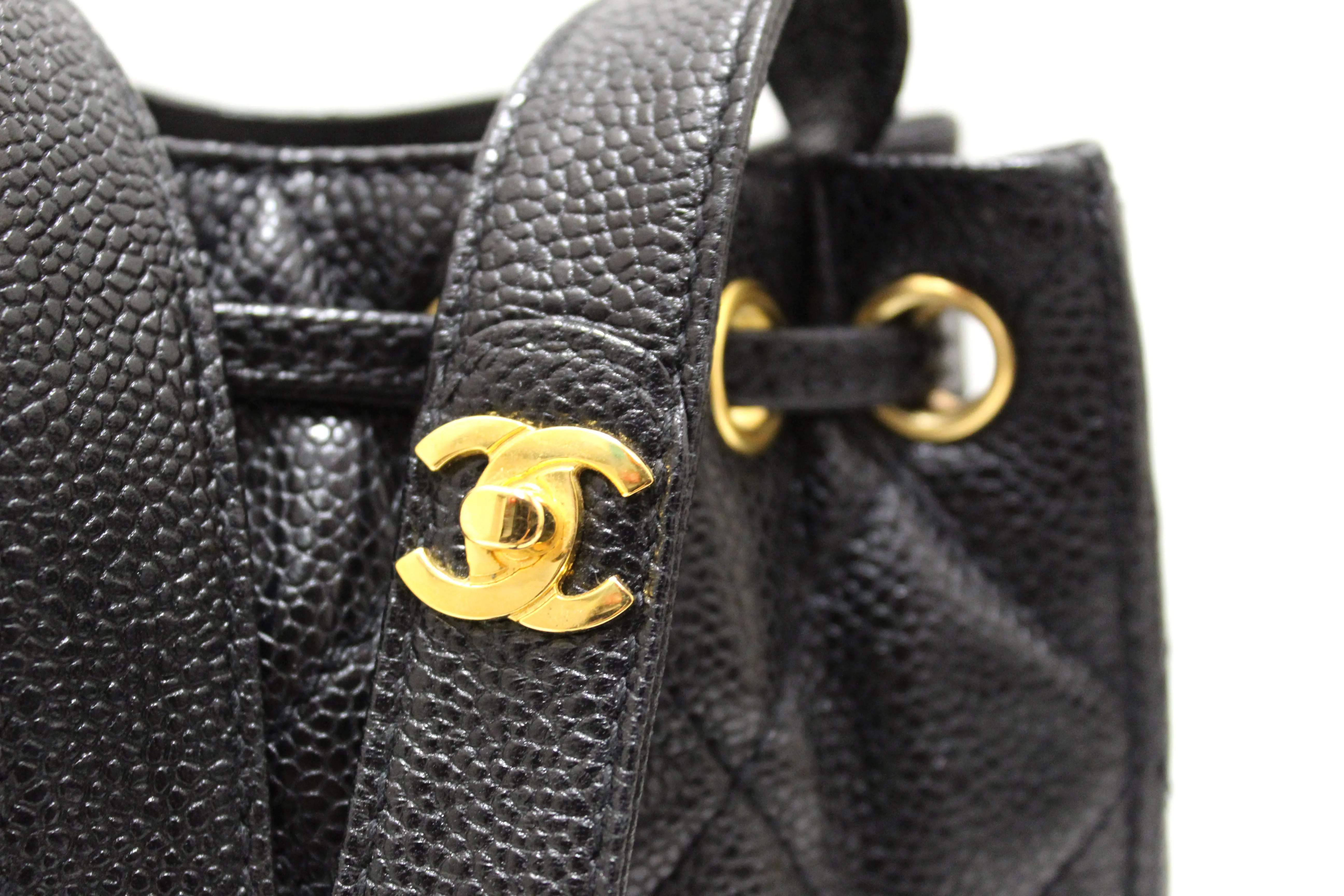 Authentic Chanel Black Caviar Leather Mini Drawstring Bucket Crossbody Bag