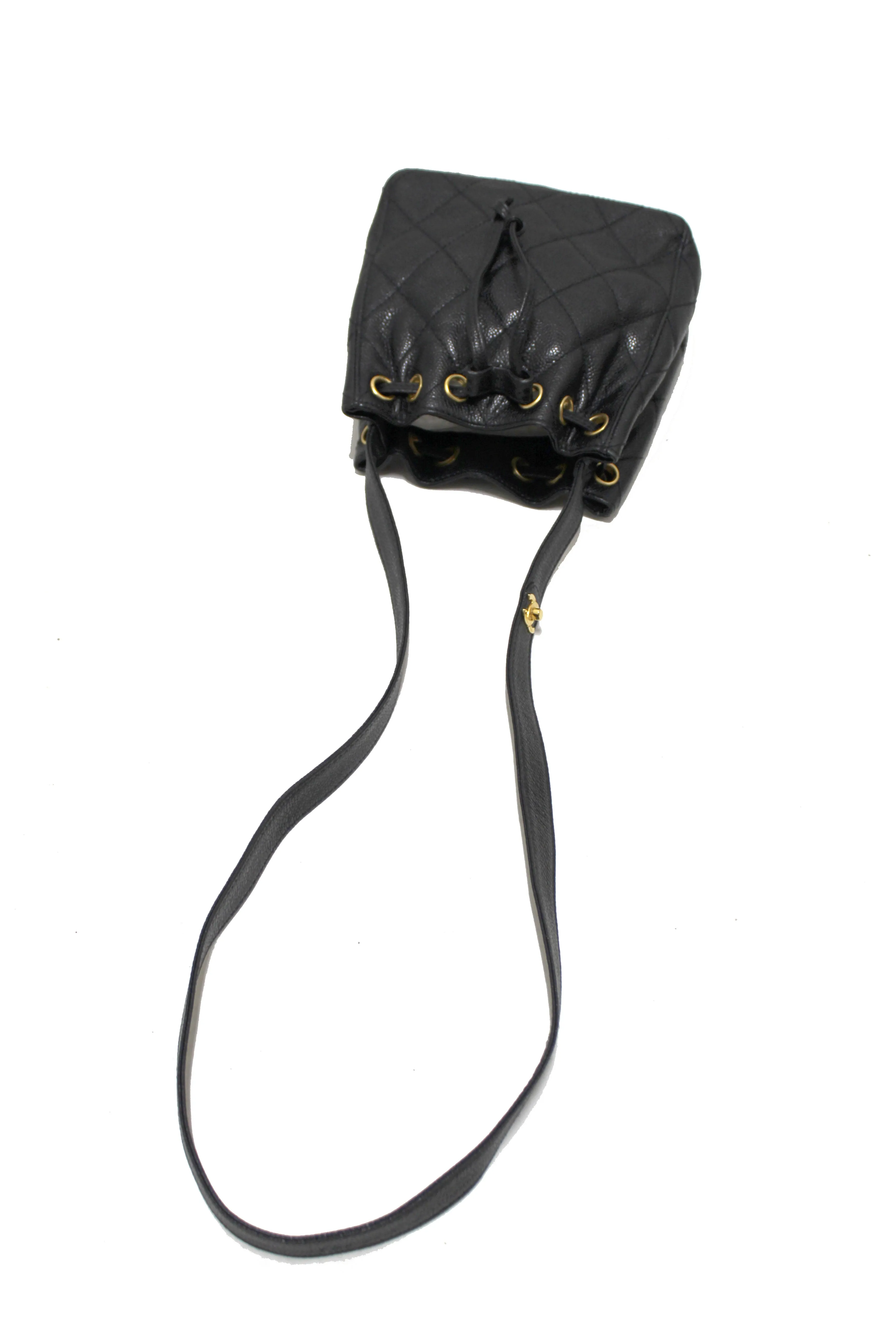 Authentic Chanel Black Caviar Leather Mini Drawstring Bucket Crossbody Bag