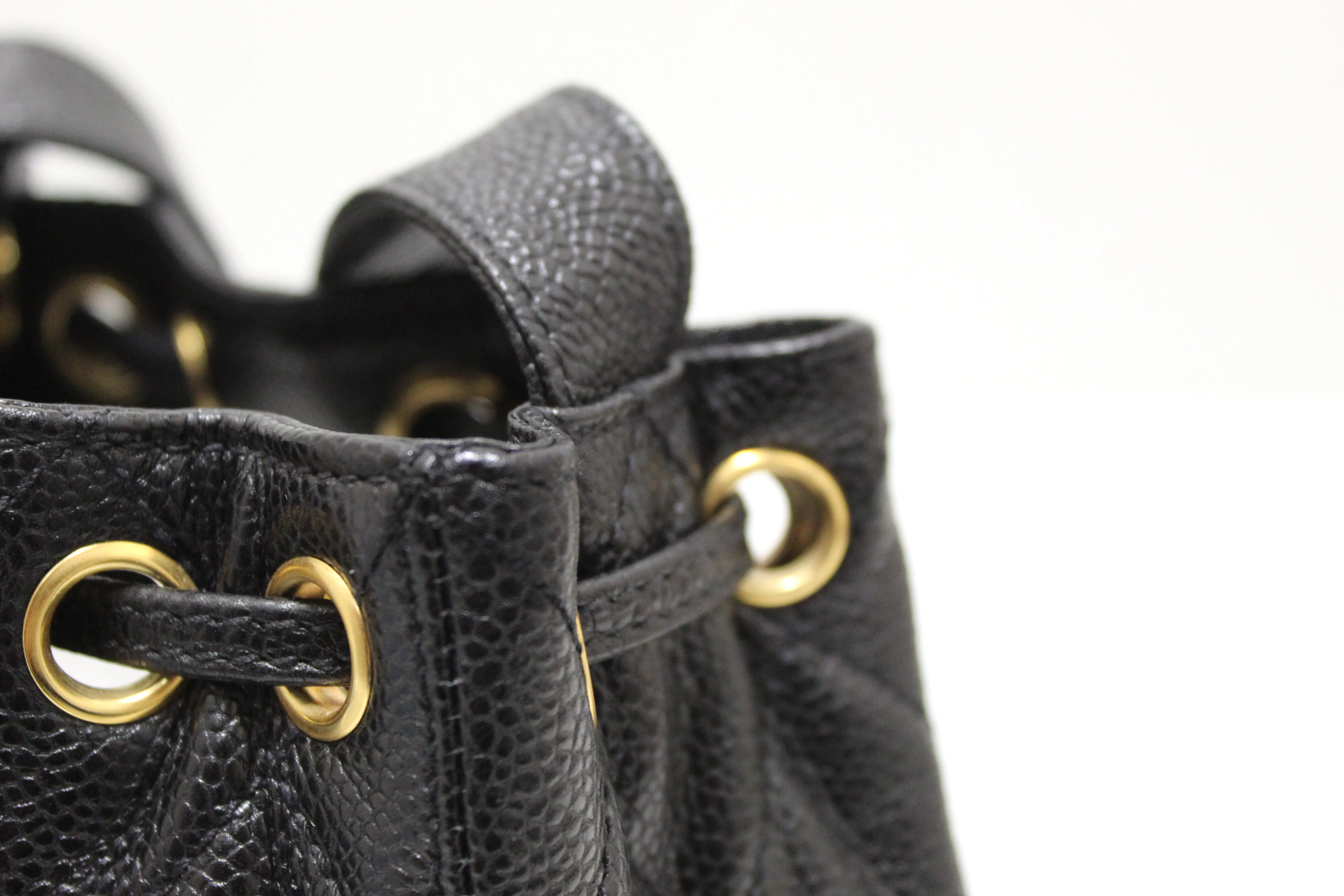 Authentic Chanel Black Caviar Leather Mini Drawstring Bucket Crossbody Bag