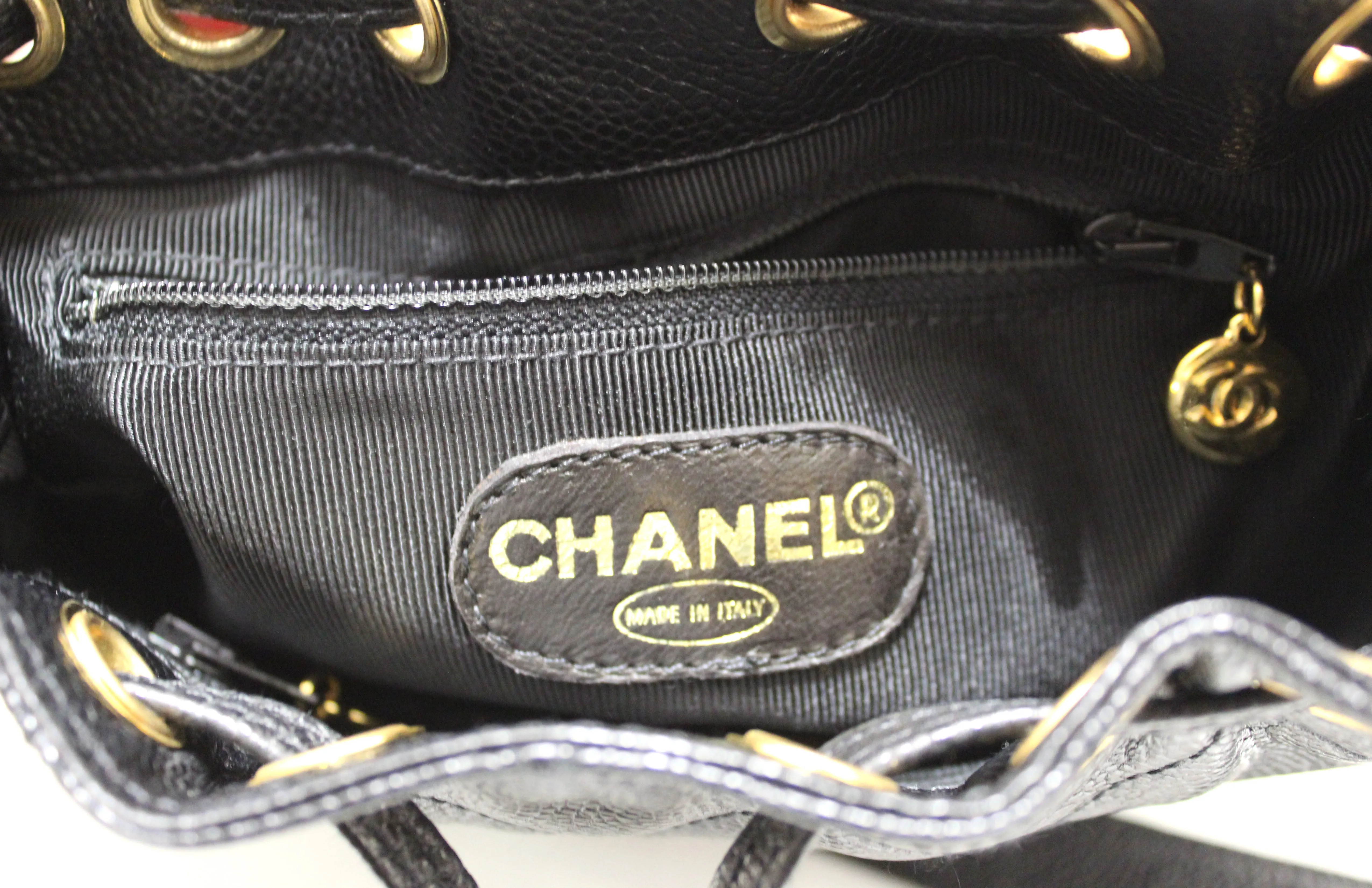 Authentic Chanel Black Caviar Leather Mini Drawstring Bucket Crossbody Bag