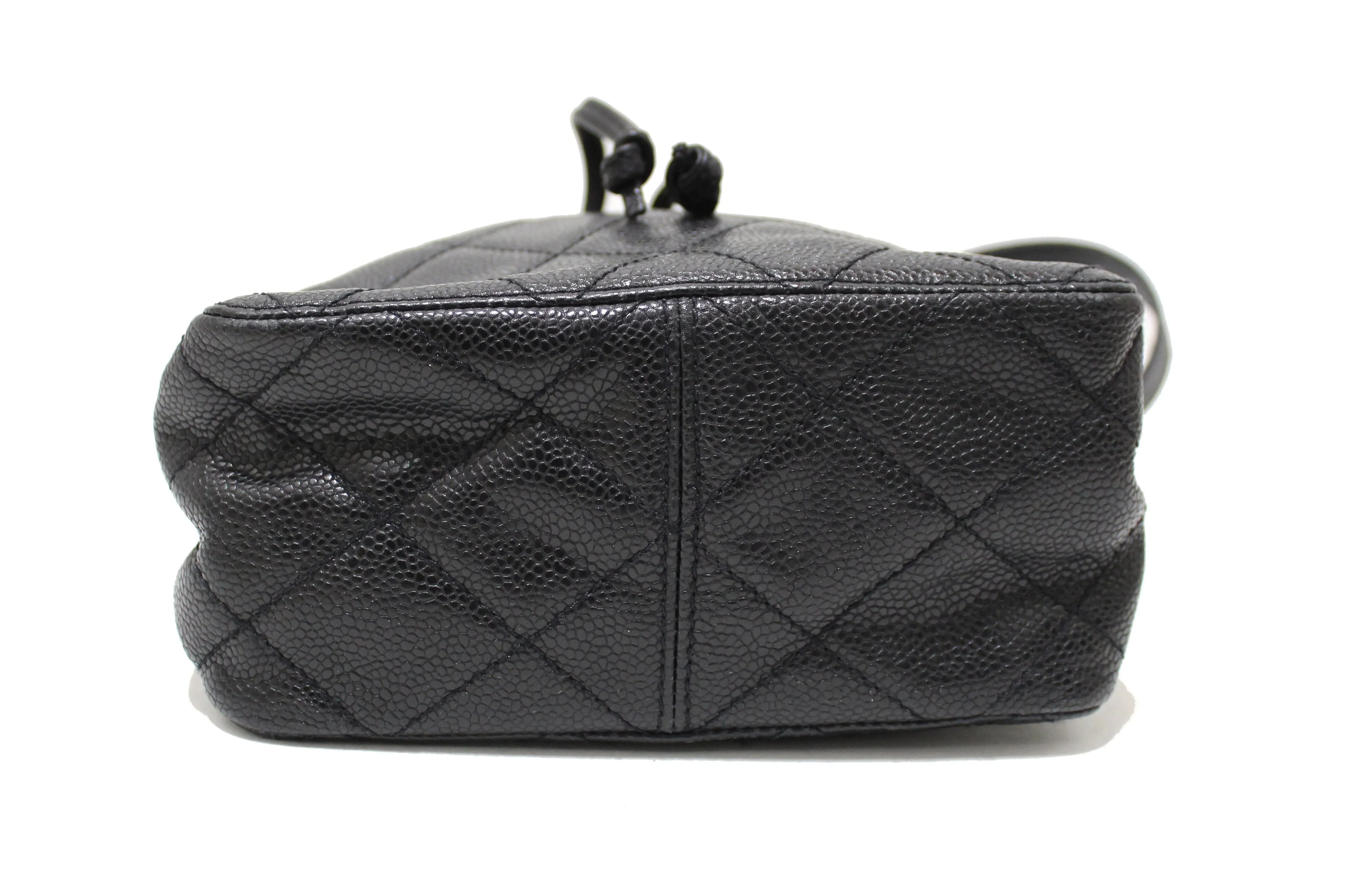 Authentic Chanel Black Caviar Leather Mini Drawstring Bucket Crossbody Bag