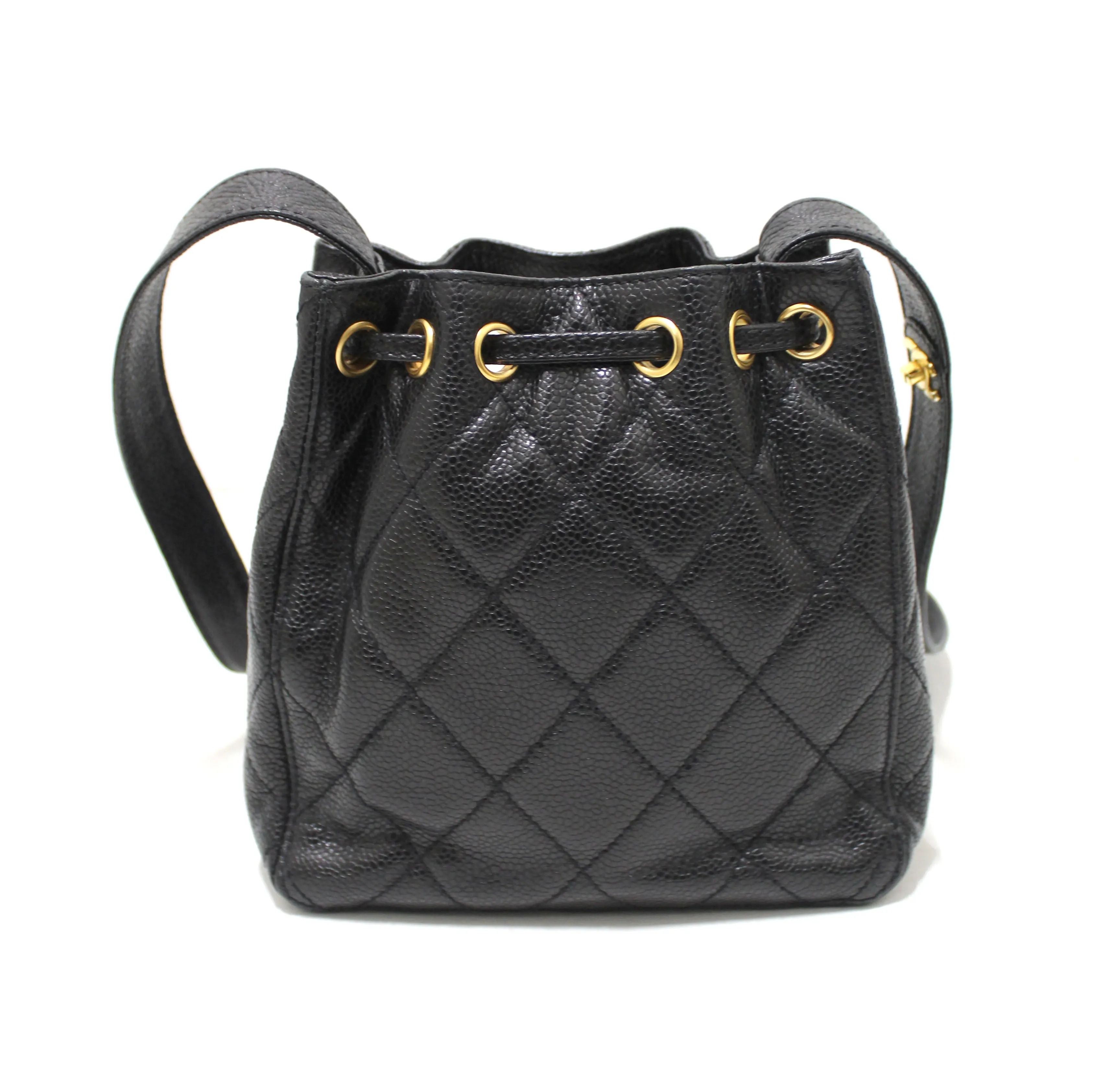 Authentic Chanel Black Caviar Leather Mini Drawstring Bucket Crossbody Bag