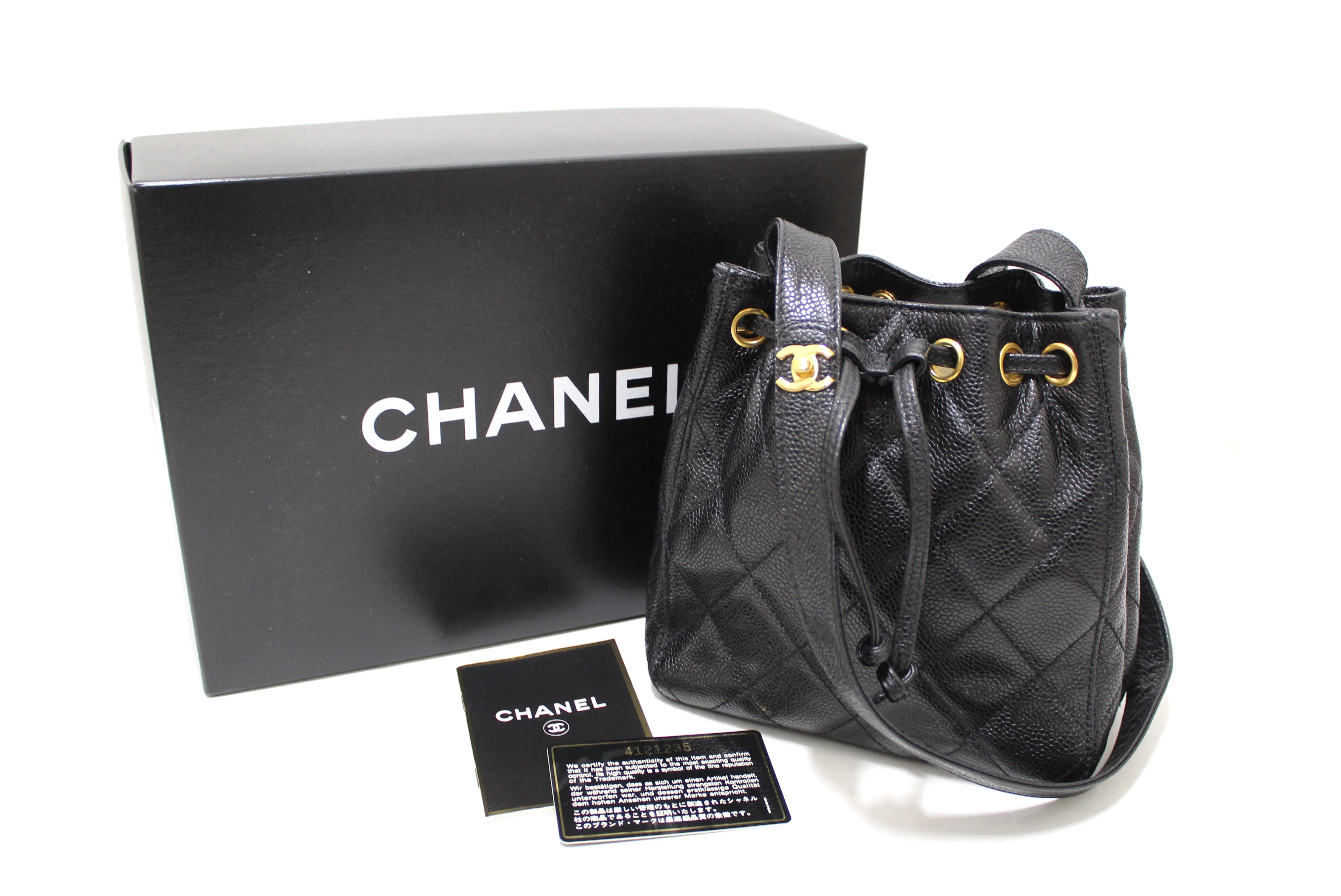 Authentic Chanel Black Caviar Leather Mini Drawstring Bucket Crossbody Bag