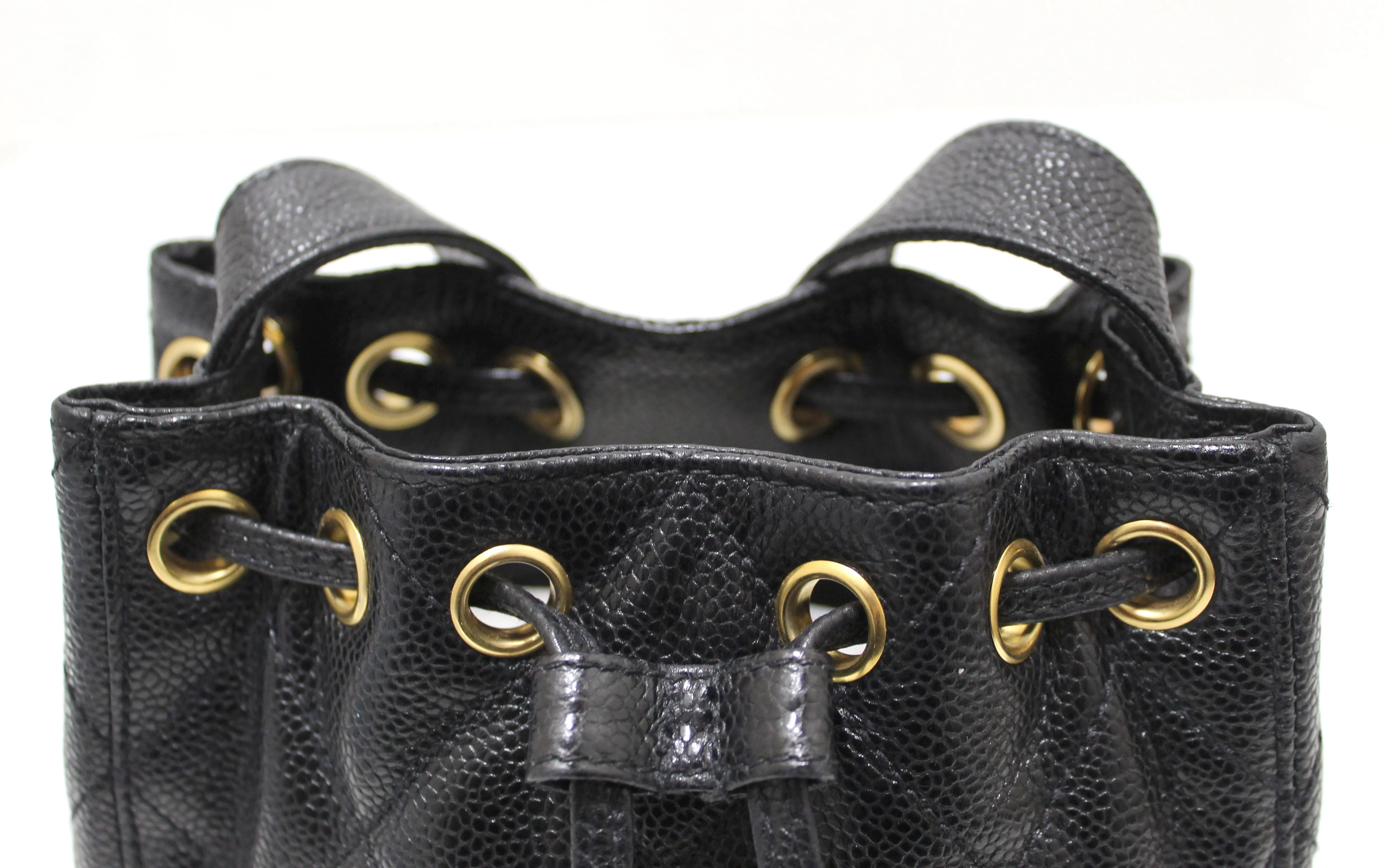 Authentic Chanel Black Caviar Leather Mini Drawstring Bucket Crossbody Bag