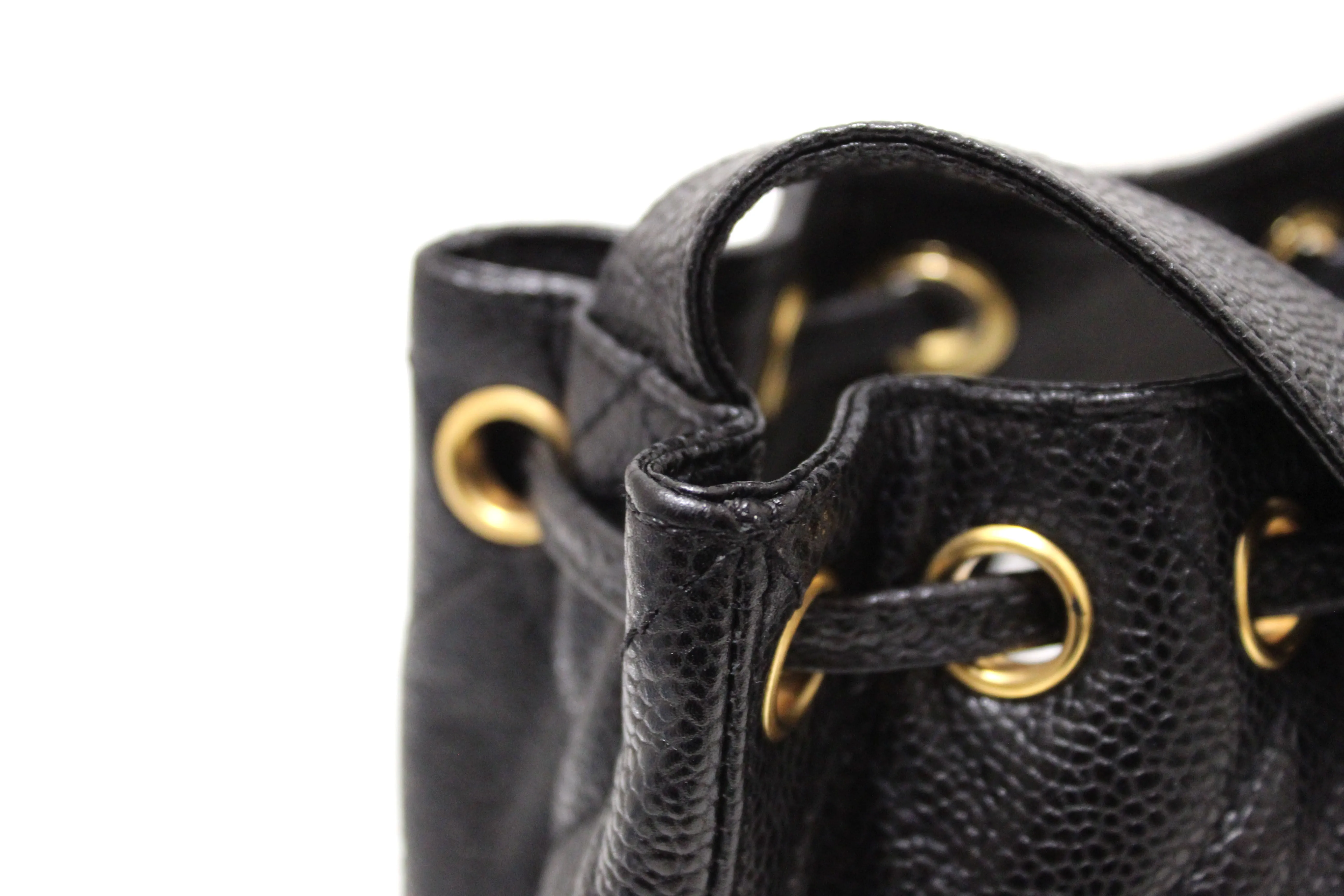 Authentic Chanel Black Caviar Leather Mini Drawstring Bucket Crossbody Bag